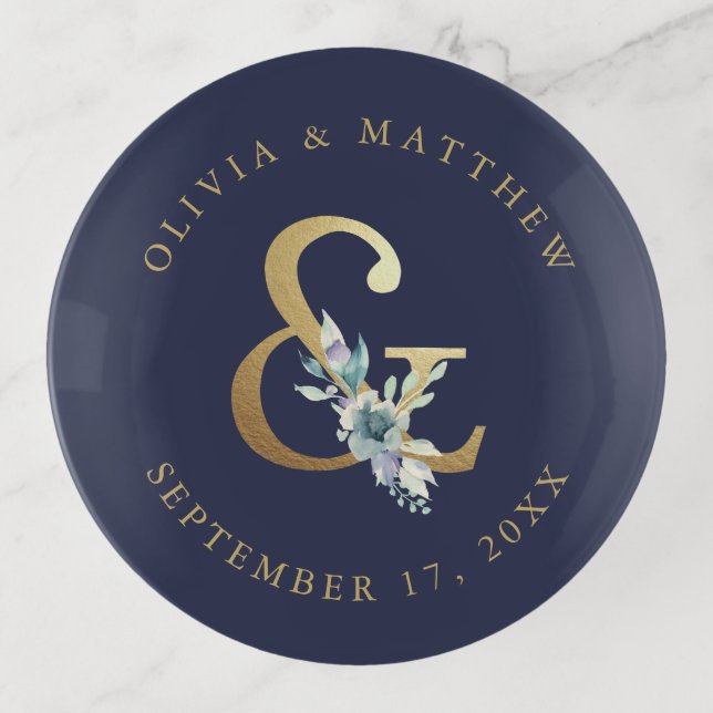 Luxe Floral Ampersand Wedding Monogram Trinket Tray (Front)