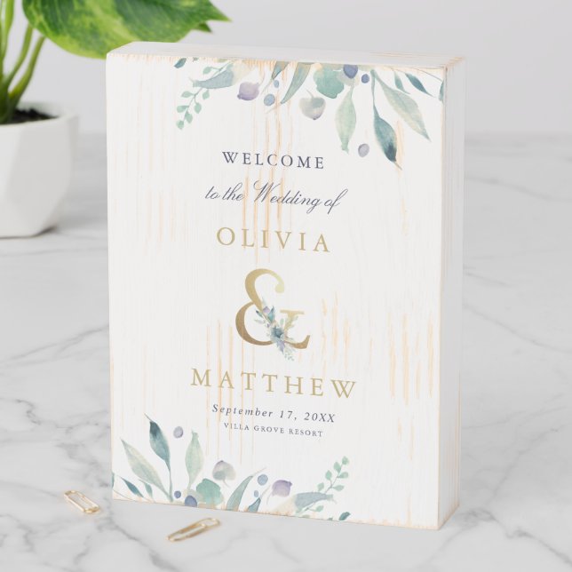 Luxe Floral Ampersand Wedding Welcome Wooden Box Sign (In Situ Vertical)