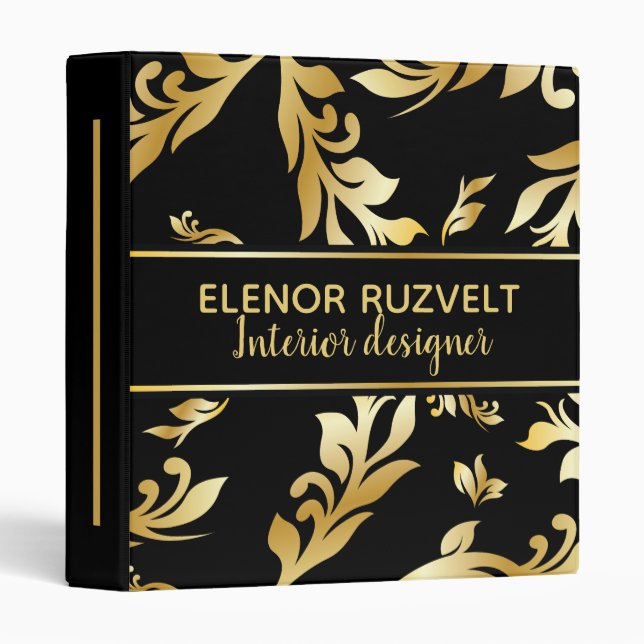 Luxe floral black gold elegant damask design 3 ring binder (Front/Spine)