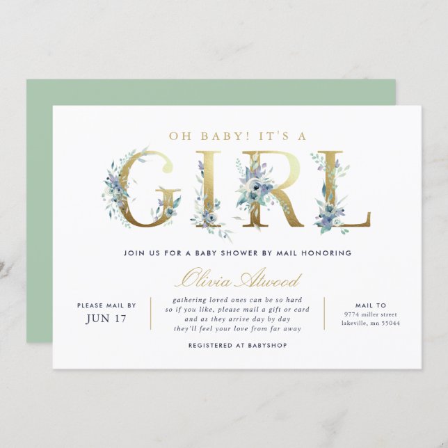 Luxe Floral Girl Baby Shower by Mail Invitation (Front/Back)