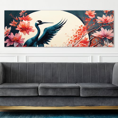 Luxe Floral Japanese Art Crane Asian Bird Painting Canvas Print
