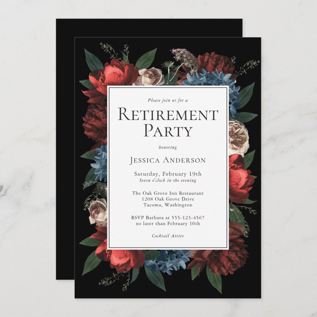 Luxe Floral on Black Elegant Retirement Party Invitation | Zazzle