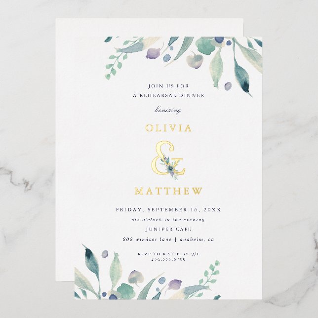 Luxe Floral Wedding Rehearsal Dinner Foil Invitation (Front/Back)