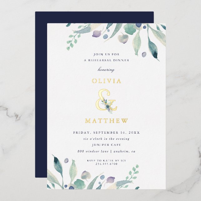 Luxe Floral Wedding Rehearsal Dinner Foil Invitation (Front/Back)
