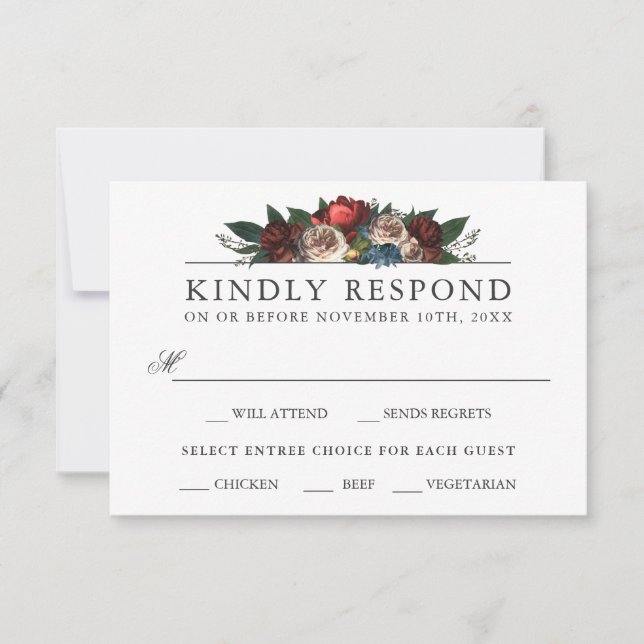 Luxe Floral Wedding RSVP with Entree Choices Card (Front)