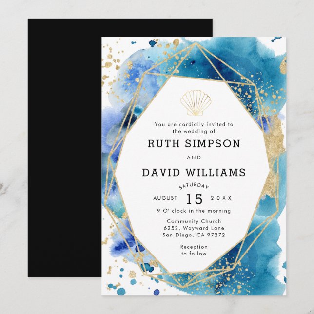 Luxe Frame Ocean Blue and Gold Wedding Invitation (Front/Back)