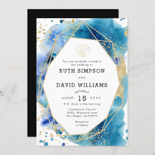 Luxe Frame Ocean Blue and Gold Wedding Invitation