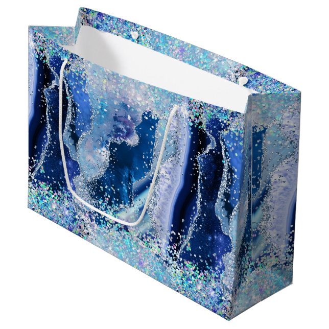 Luxe Gemstone Marble Blue Glitter Agate Large Gift Bag (Front Angled)