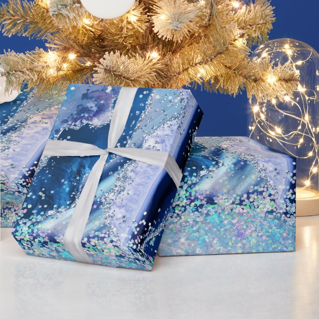 Luxe Gemstone Marble Blue Glitter Agate Wrapping Paper (Holidays)