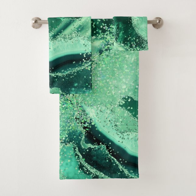 Luxe Gemstone Marble Green Glitter Agate Bath Towel Set (Insitu)