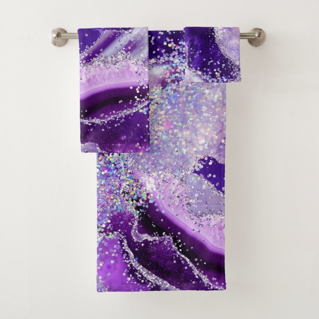 Luxe Gemstone Marble Purple Glitter Agate Bath Towel Set (Insitu)