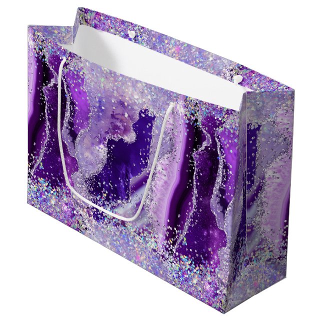Luxe Gemstone Marble Purple Glitter Agate Large Gift Bag (Front Angled)