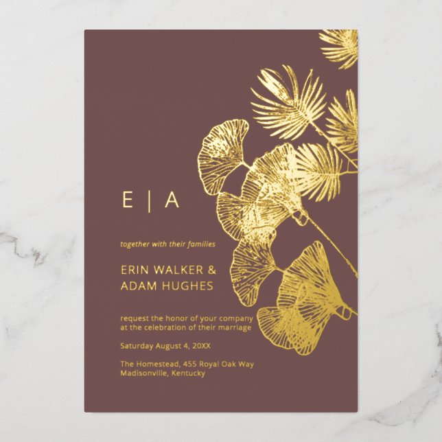 Luxe Gingko Leaf Real Gold Wedding  Foil Invitation (Front)