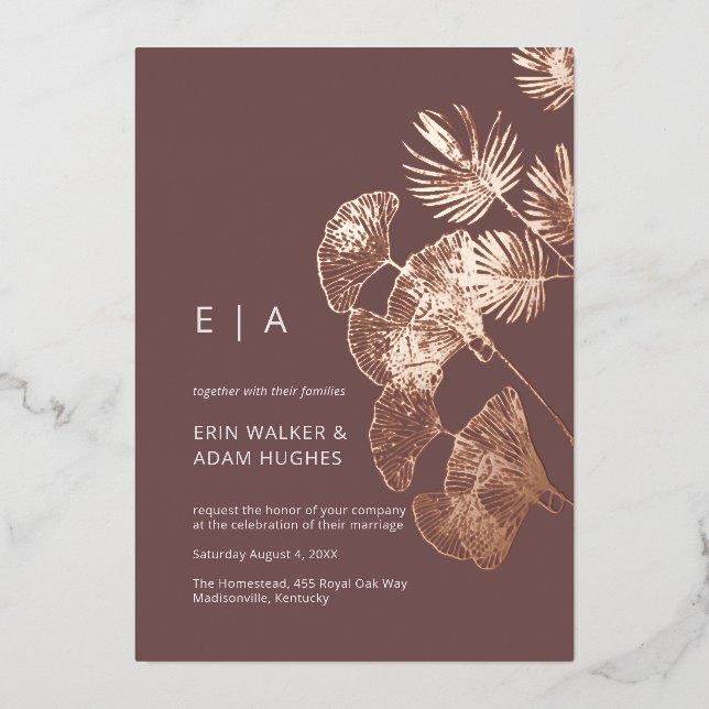 Luxe Gingko Leaf Real Rose Gold Wedding Foil Invitation (Front)