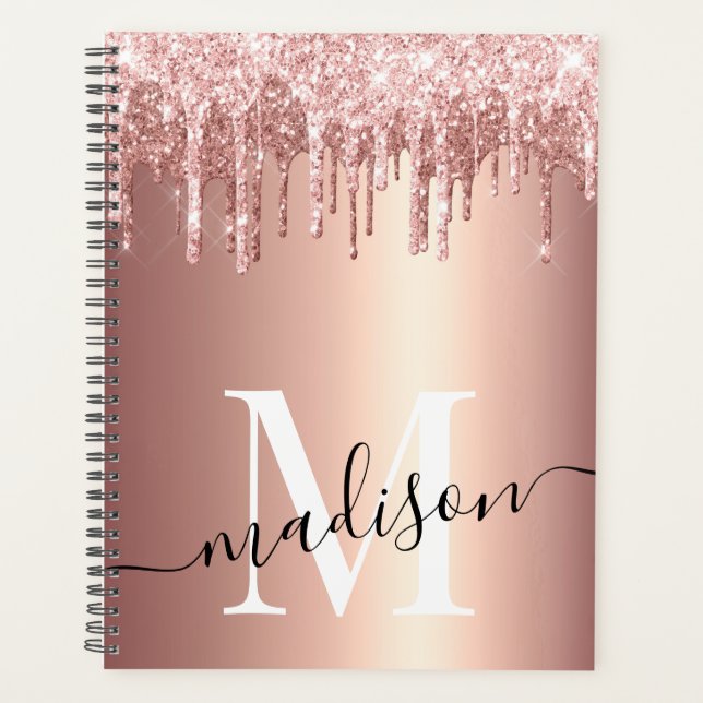 Luxe Girly Rose Gold Foil Glitter Drip Monogram Planner (Front)