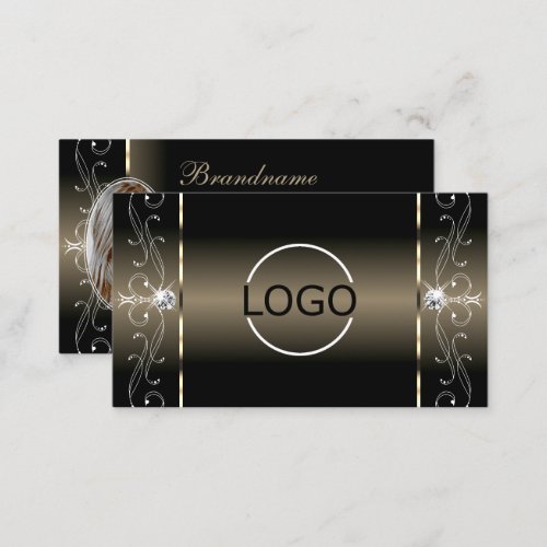 Luxe Glam Black Beige Squiggled Jewels Logo Photo Business Card
