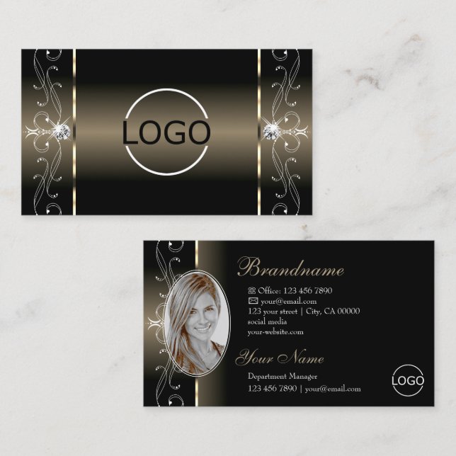 Luxe Glam Black Beige Squiggled Jewels Logo Photo Business Card (Front/Back)