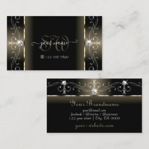 Luxe Glam Black Beige Squiggled Jewels Monogram Business Card