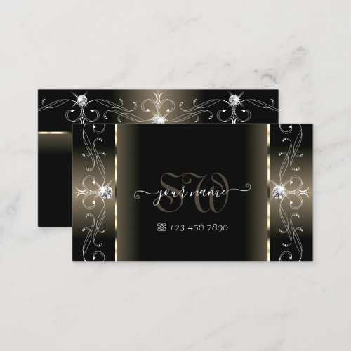Luxe Glam Black Beige Squiggled Jewels Monogram Business Card