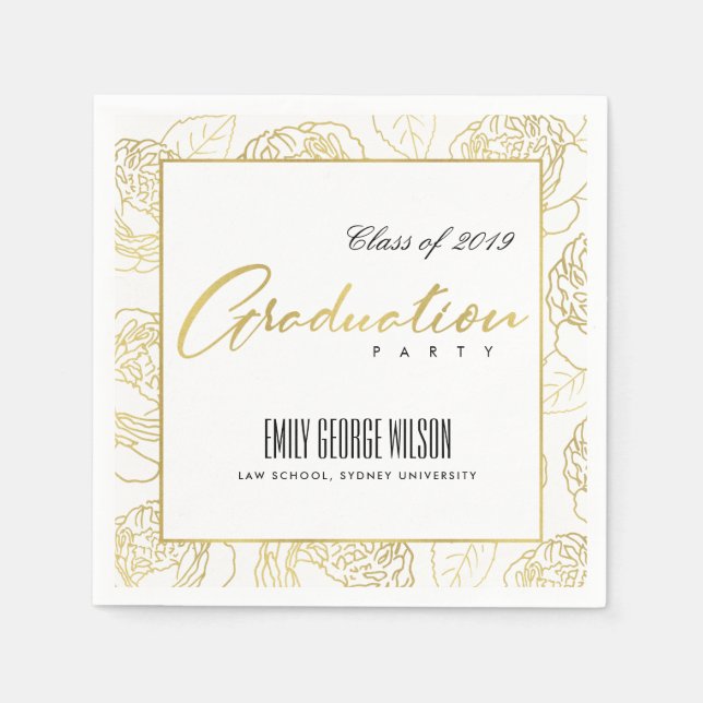 LUXE GLAM FAUX GOLD WHITE  ROSE FLORAL GRADUATION NAPKINS (Front)