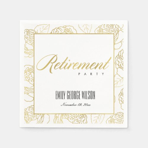 LUXE GLAM FAUX GOLD WHITE  ROSE FLORAL RETIREMENT NAPKINS