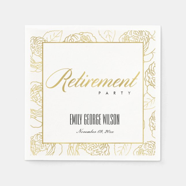 LUXE GLAM FAUX GOLD WHITE  ROSE FLORAL RETIREMENT NAPKINS (Front)