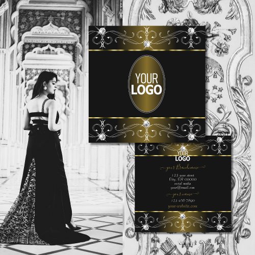 Luxe Glam Gold and Black Ornate Ornaments add Logo Square Business Card