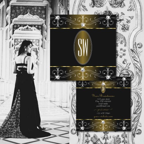 Luxe Glam Gold and Black Ornate Ornaments Initials Square Business Card