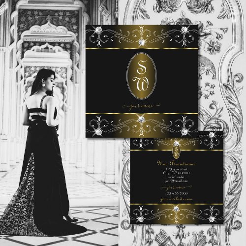 Luxe Glam Gold and Black Ornate Ornaments Monogram Square Business Card