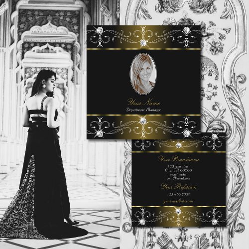 Luxe Glam Gold Black Ornate Ornaments with Photo Square Business Card