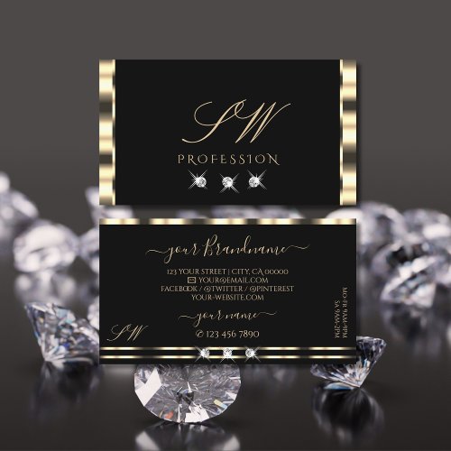 Luxe Glam Gold Black Sparkling Diamonds Initials Business Card