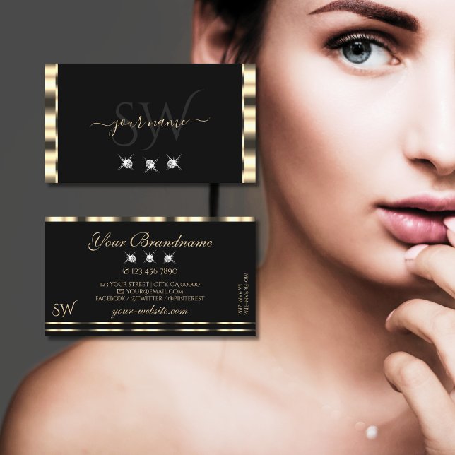 Luxe Glam Gold Black Sparkling Diamonds Monogram Business Card (Creator Uploaded)