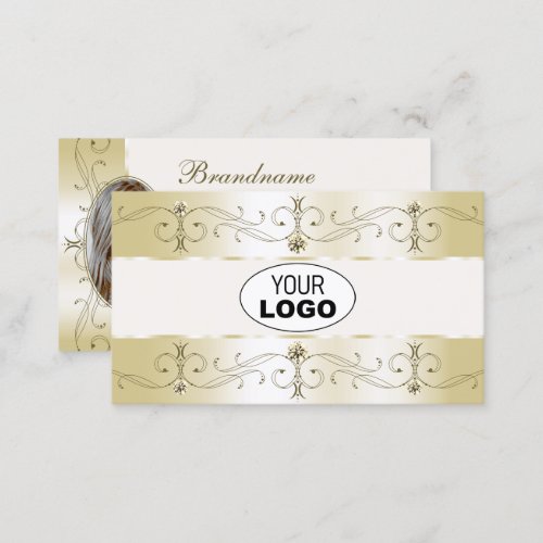 Luxe Glam Gold Cream Ornate Borders Logo and Photo Business Card