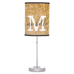 Luxe Glam Gold Glitter Script Name Monogrammed Table Lamp
