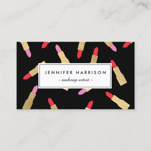 Luxe Glam Lipstick Pattern on Black Makeup Artist Business Card