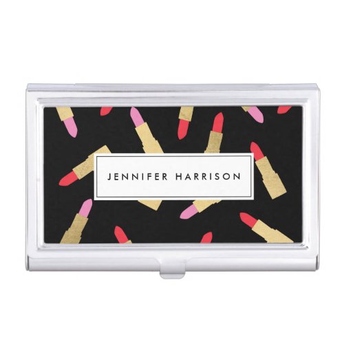 Luxe Glam Lipstick Pattern on Black Makeup Artist Case For Business Cards