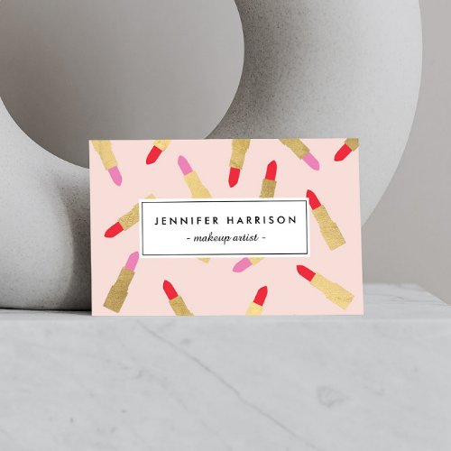 Luxe Glam Lipstick Pattern on Pink Makeup Artist Business Card