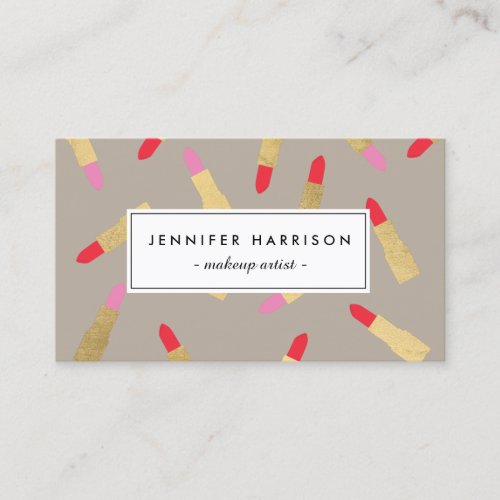 Luxe Glam Lipstick Pattern on Taupe Business Card