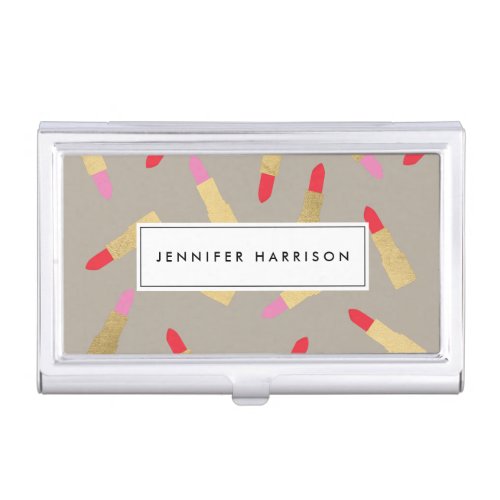 Luxe Glam Lipstick Pattern on Taupe Personalized Business Card Holder