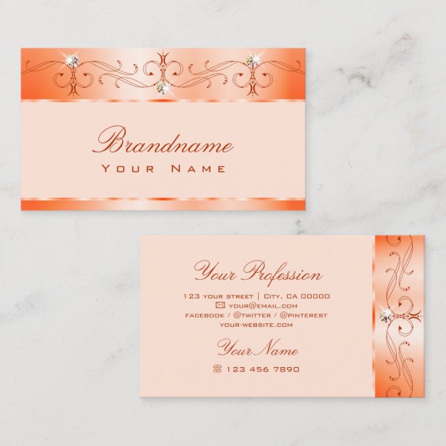 Luxe Glam Peach Ornate Sparkling Jewels Ornaments Business Card (Front/Back)