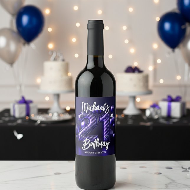 Luxe Glam Purple Glitter Stripe 21st Birthday Wine Label (Creator Uploaded)