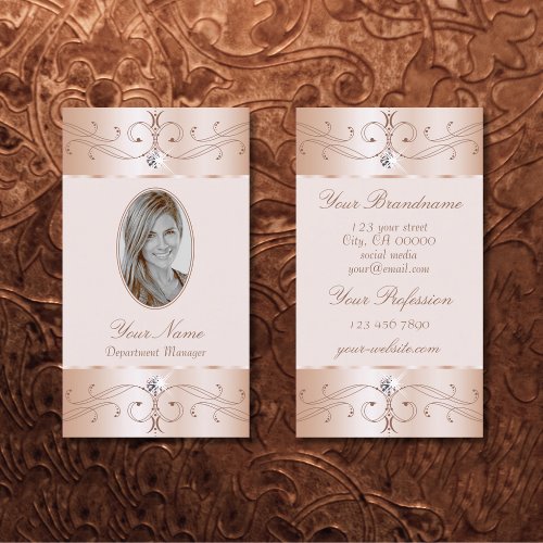 Luxe Glam Rose Gold Ornate Ornaments Add Foto Chic Business Card