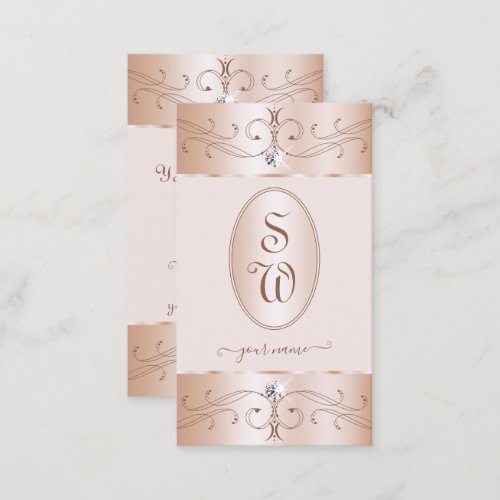 Luxe Glam Rose Gold Ornate Ornaments Initials Chic Business Card