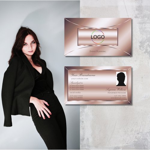 Luxe Glam Rose Golden with Logo and Photo Stylish Business Card