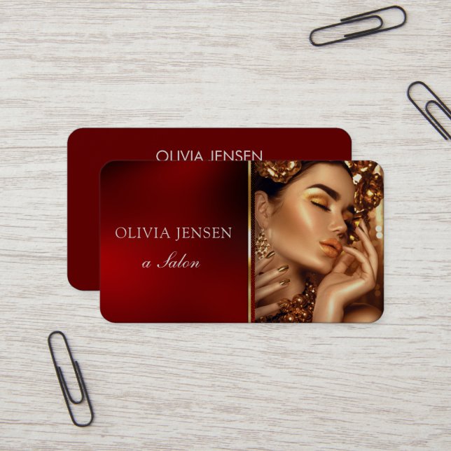 Luxe Glam Ruby Red Gold Decor with Photo Salon  Business Card (Front/Back In Situ)