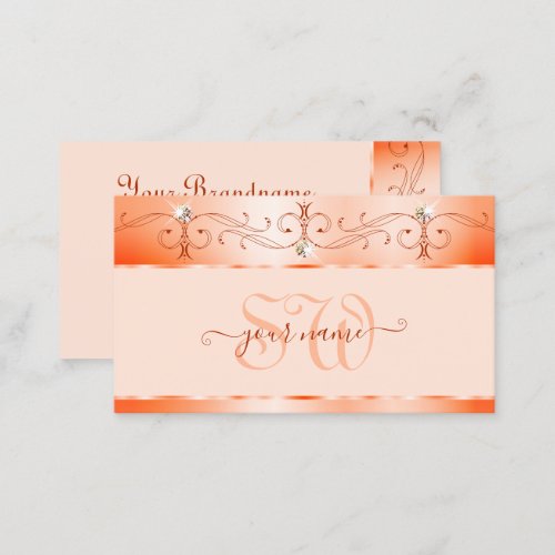 Luxe Glam Salmon Ornate Sparkling Jewels Monogram Business Card
