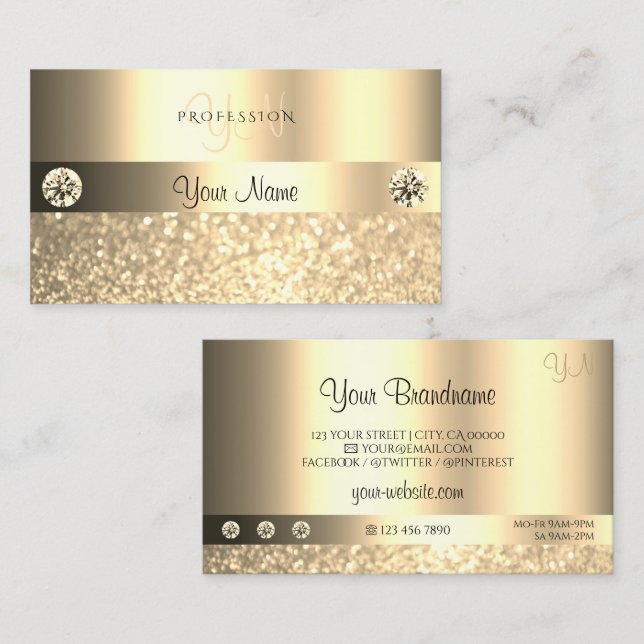 Luxe Glam Shimmery Glitter Monogram Luminous Gold Business Card (Front/Back)
