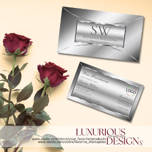 Luxe Glam Silver Glamour with Monogram and Logo Business Card