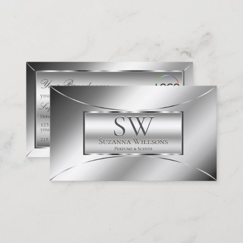 Luxe Glam Silver Glamour with Monogram and Logo Business Card
