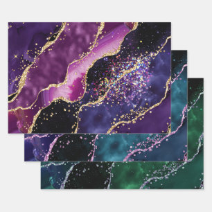 Luxe Gold-Accented Gemstone Glitter Agate Wrapping Paper Sheets